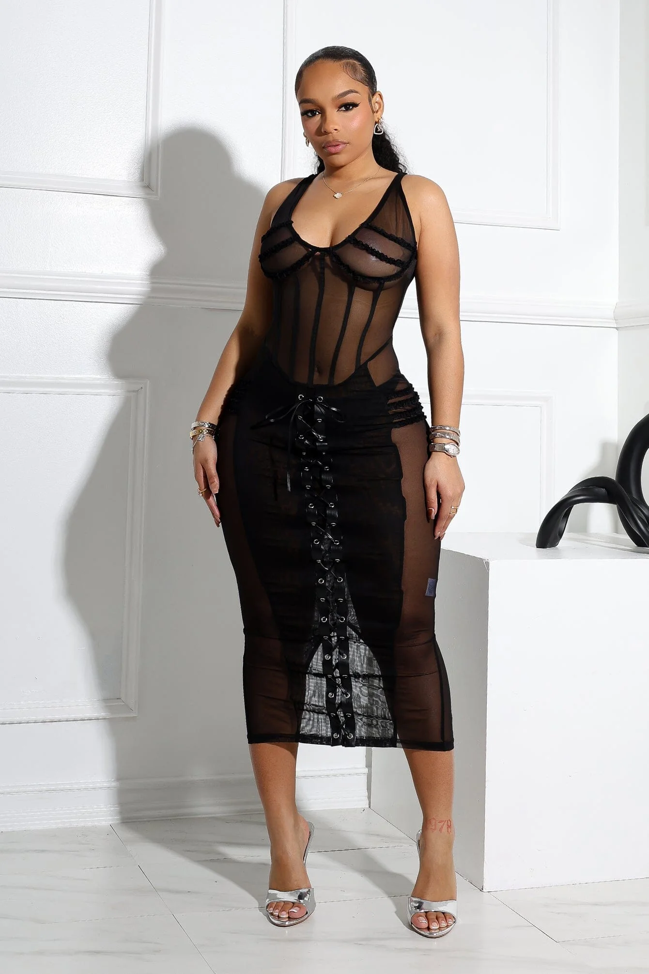 Angela Mesh Corset Lace Up Midi Dress