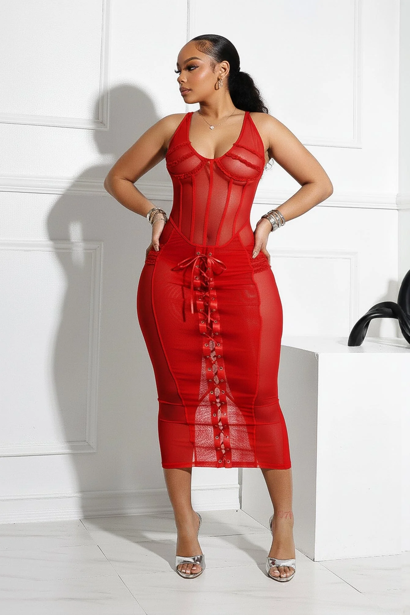 Angela Mesh Corset Lace Up Midi Dress