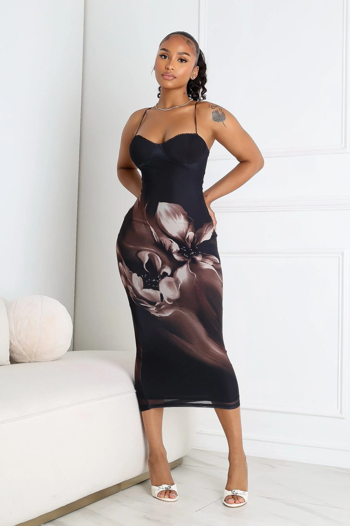 Camellia Floral Mesh Bustier Tank Midi Dress