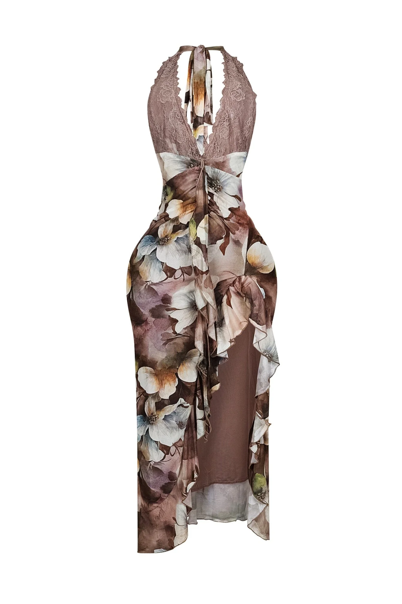 Fariah Print Lace Halter Ruffle Maxi Dress