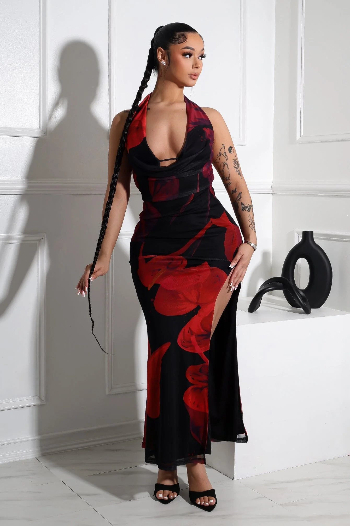 Tatum Mesh Rose Halter Cowl Maxi Dress