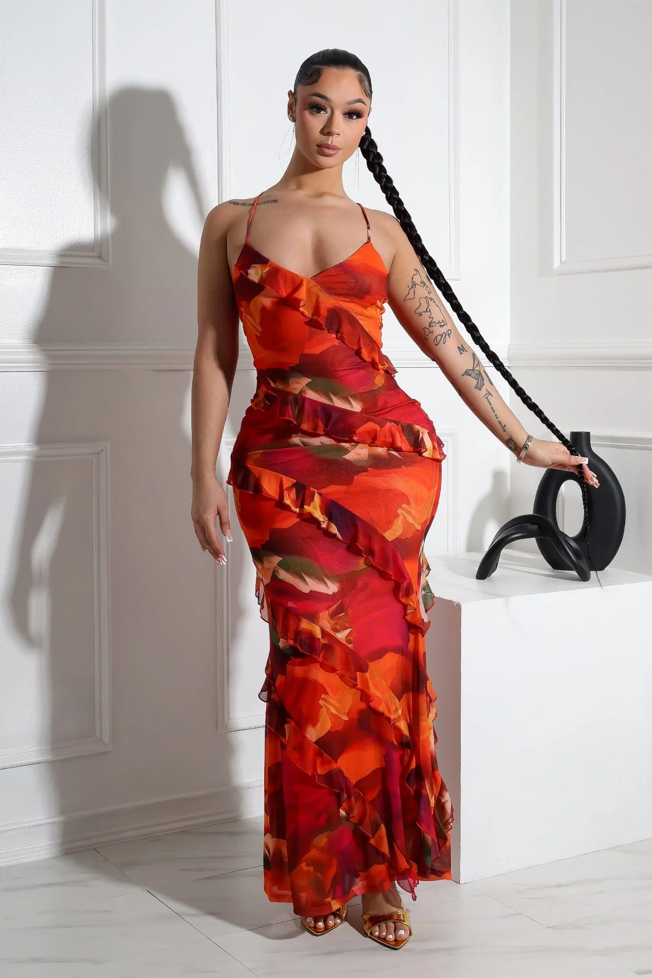 Jody Mesh Print Ruffle Maxi Dress