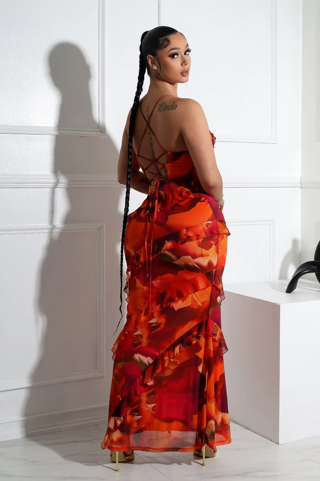 Jody Mesh Print Ruffle Maxi Dress