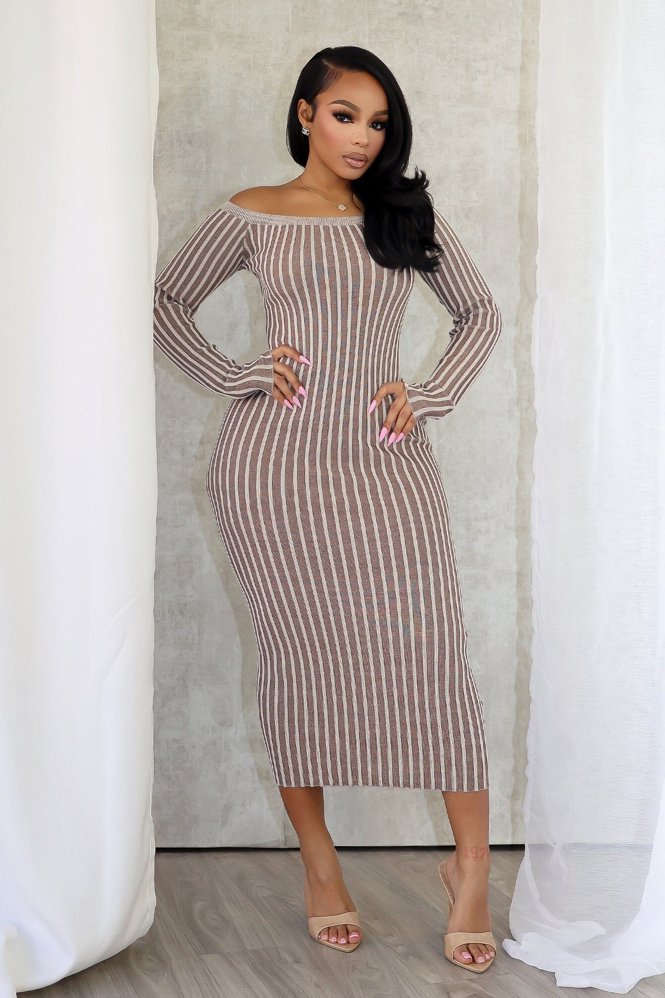 Abigail Two Tone Off Shoulder Midi Dress