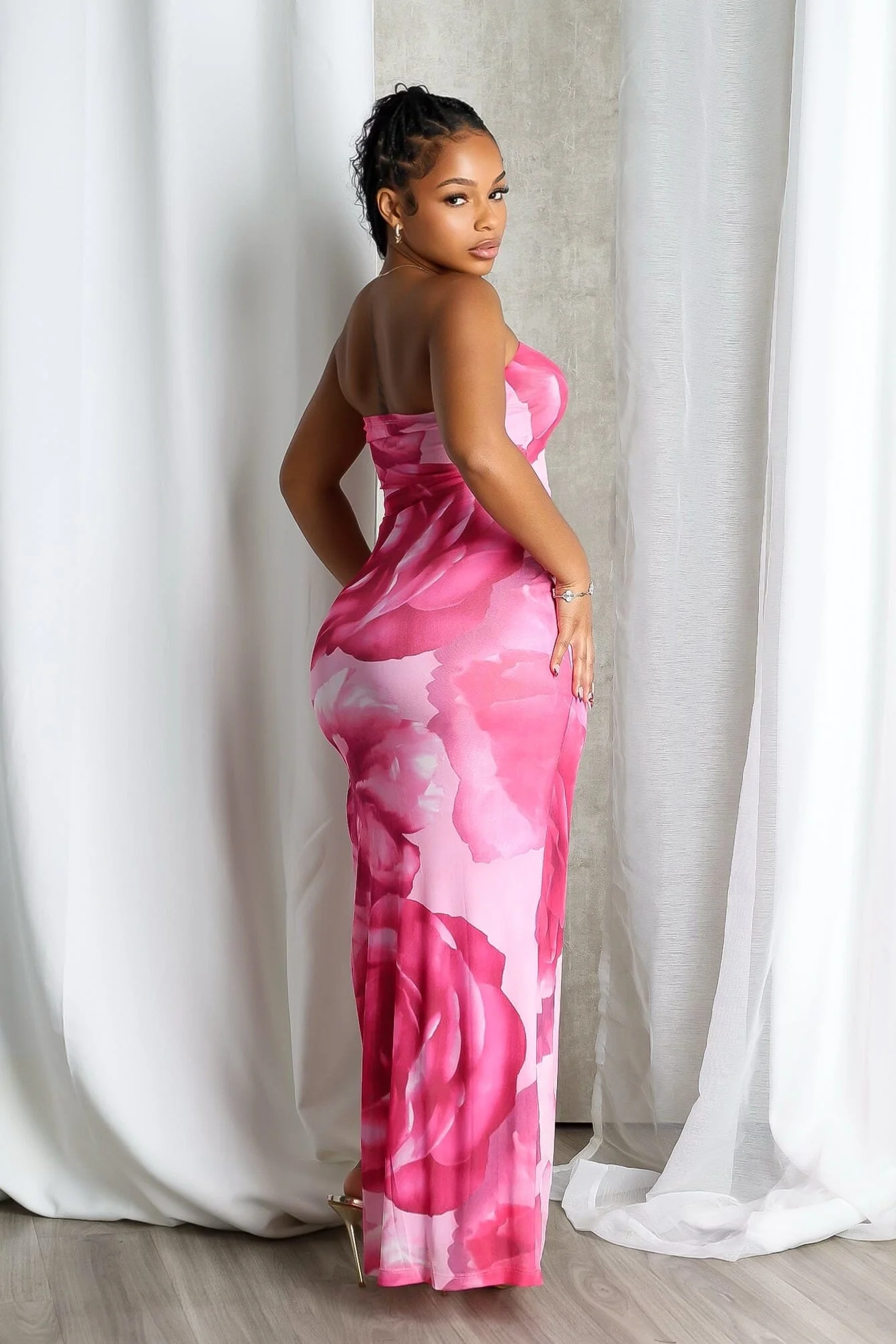 Powdery Floral Print Tube Maxi Dress