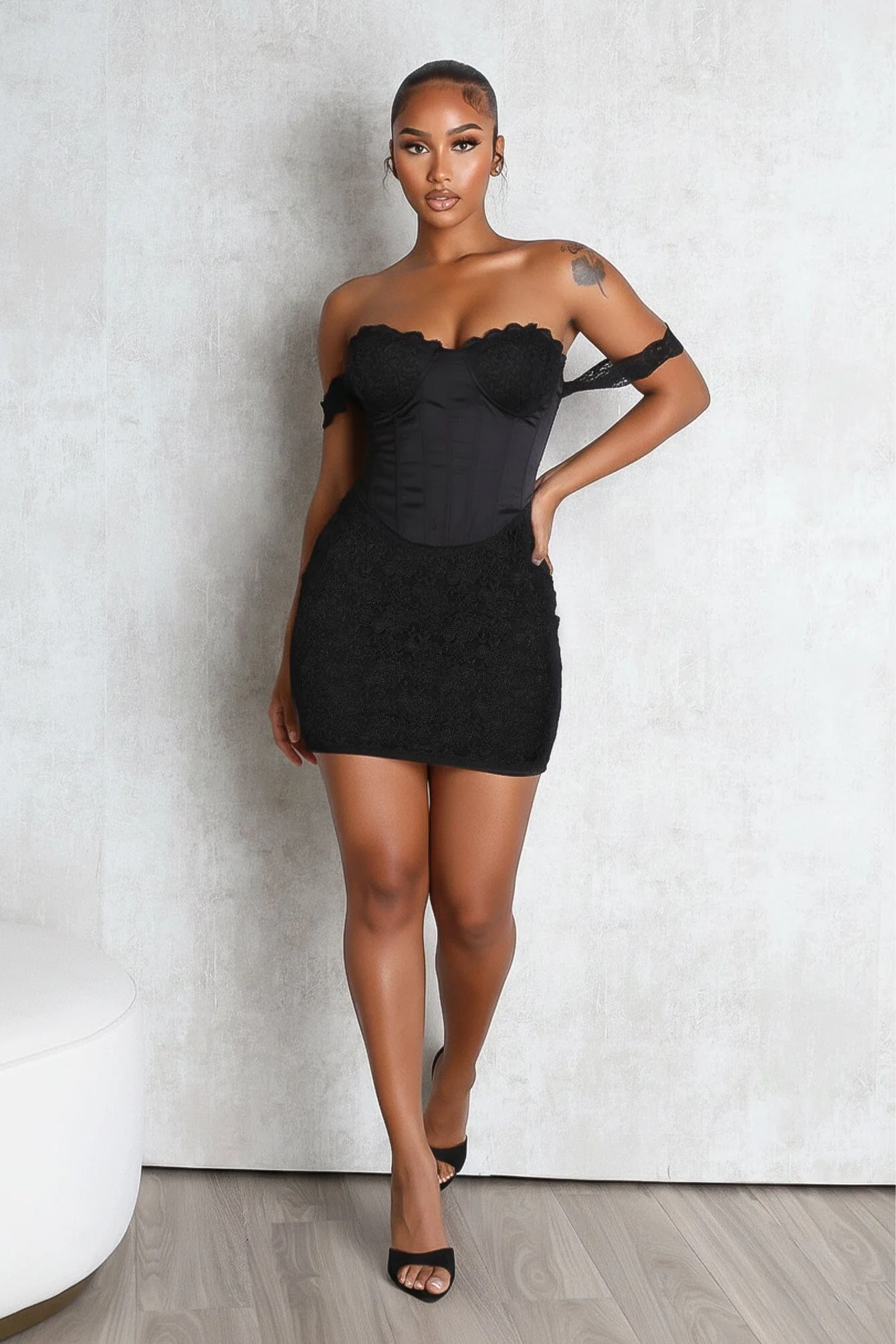 Fever Lace Off Shoulder Mini Dress