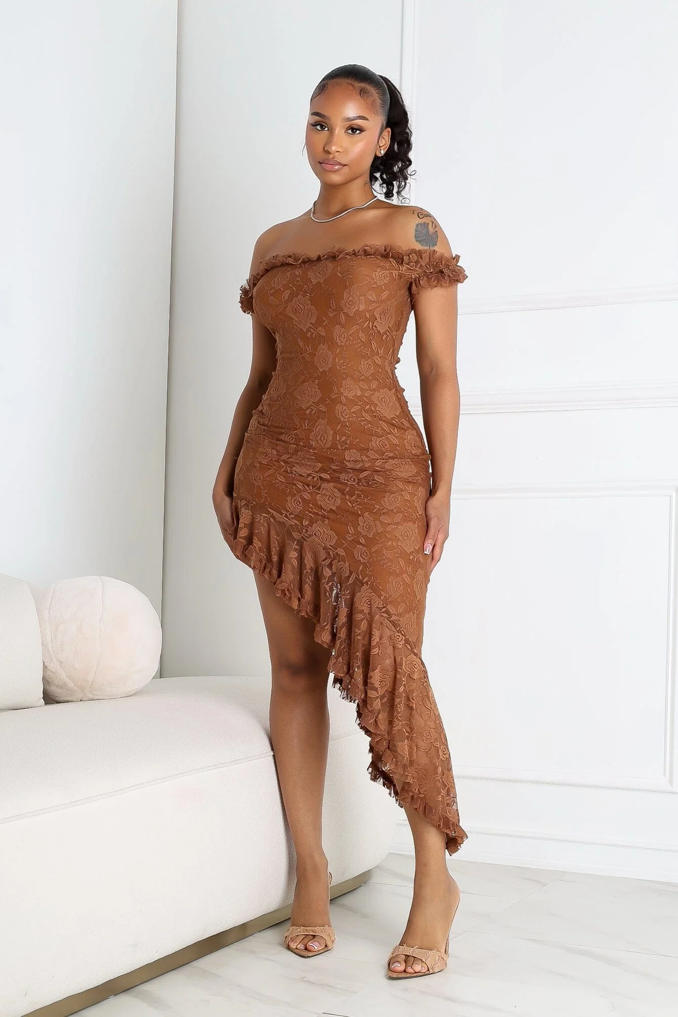 Asym Ruffle Muse Off Shoulder Midi Dress