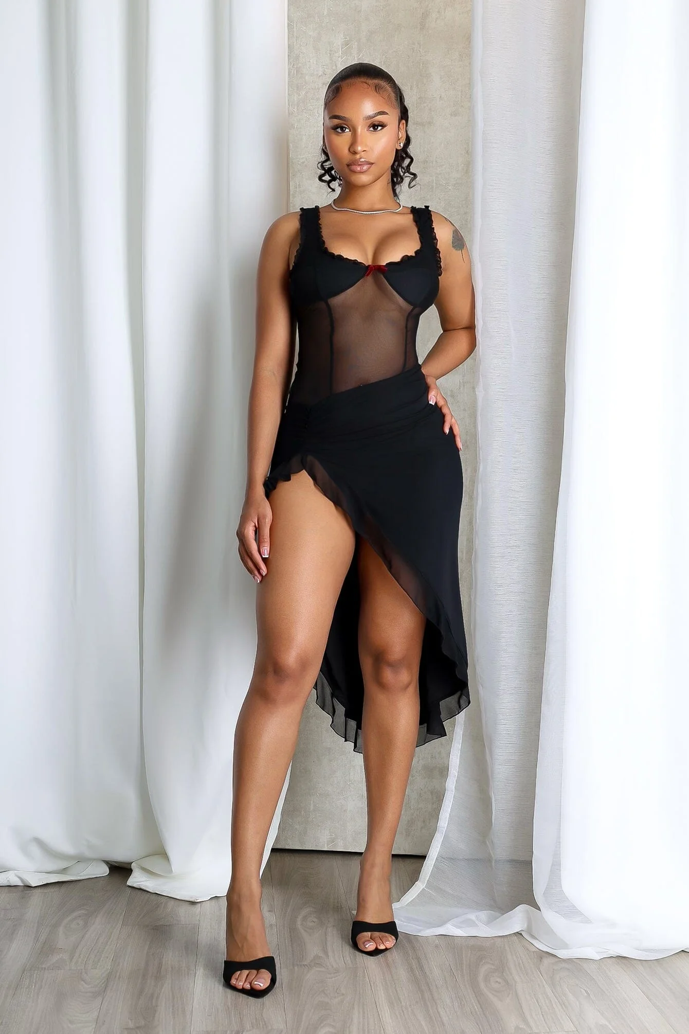 Tamiko Mesh Ruffle Trim Tank Midi Dress