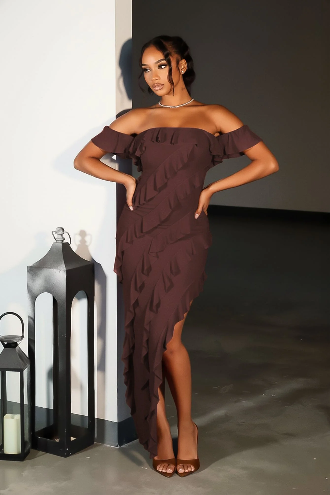 Belle Nuit Mesh Ruffled Maxi Dress