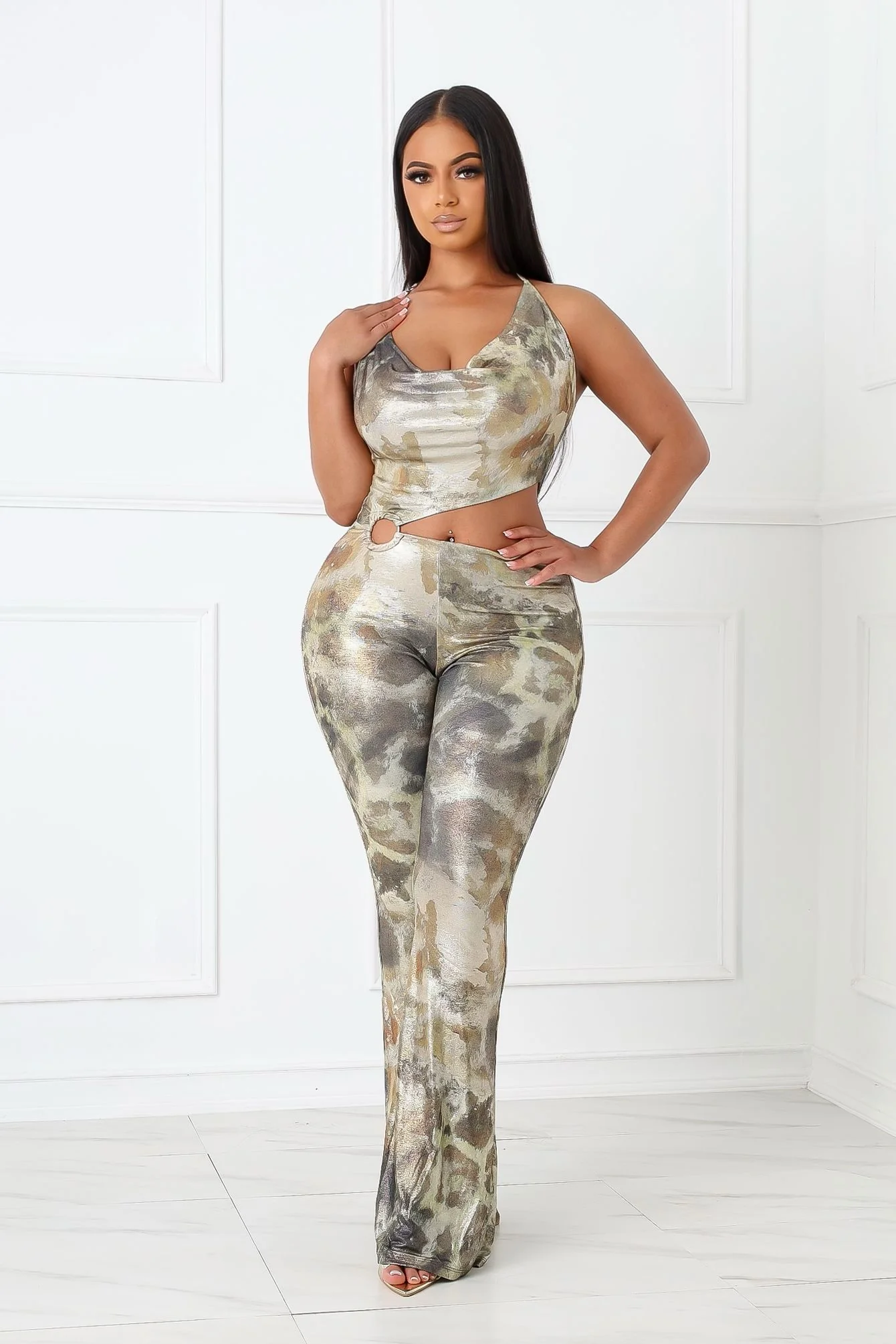 Shine Cutout Foil Halter Jumpsuit