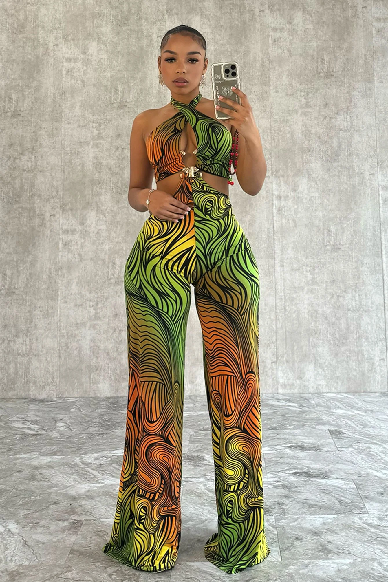 3967-Sweet-Escape-Metal-Trim-Print-Halter-Jumpsuit-3.webp Sweet Escape Metal Trim Print Halter Jumpsuit