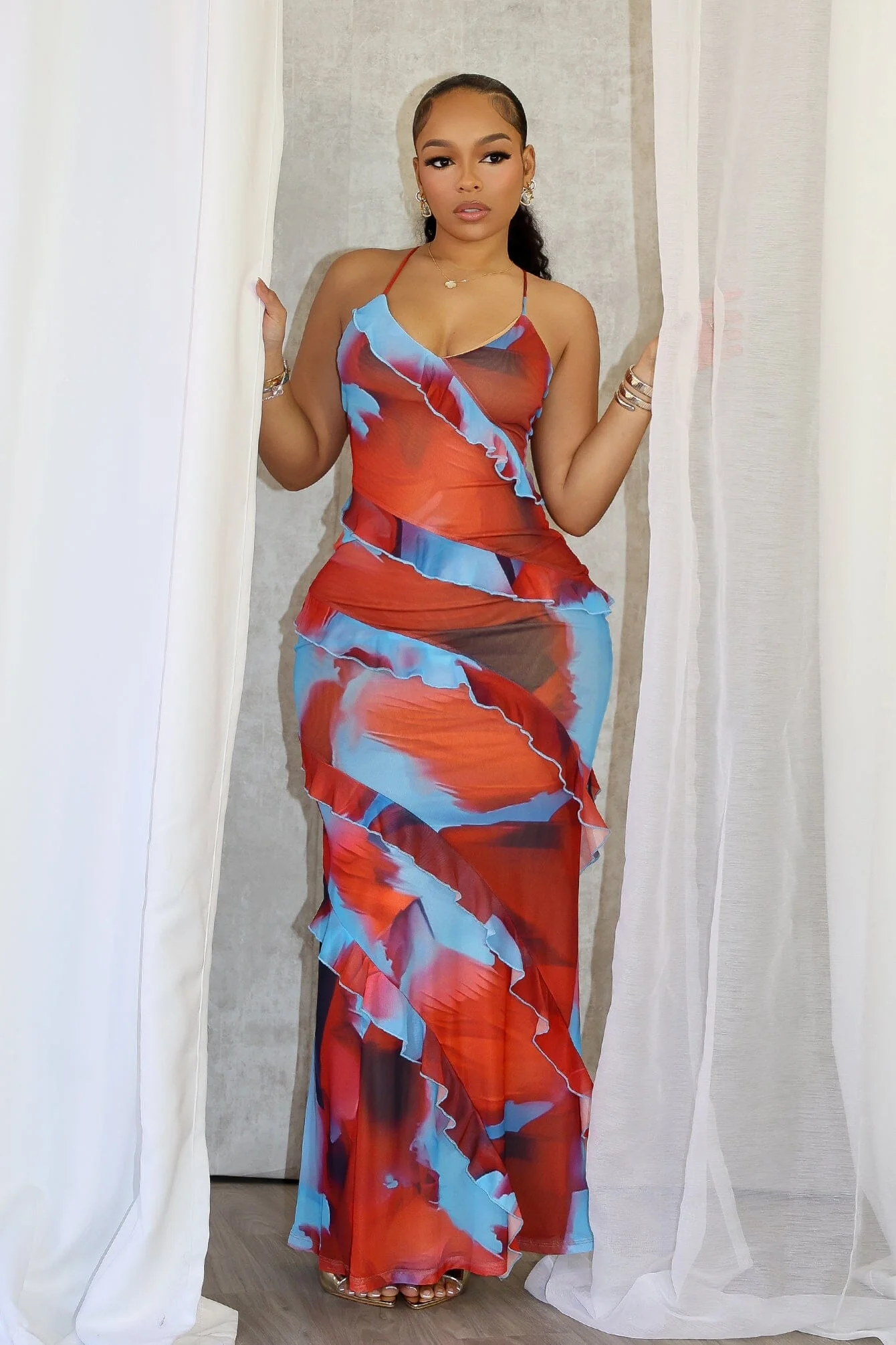 Josefina Mesh Print Ruffle Maxi Dress