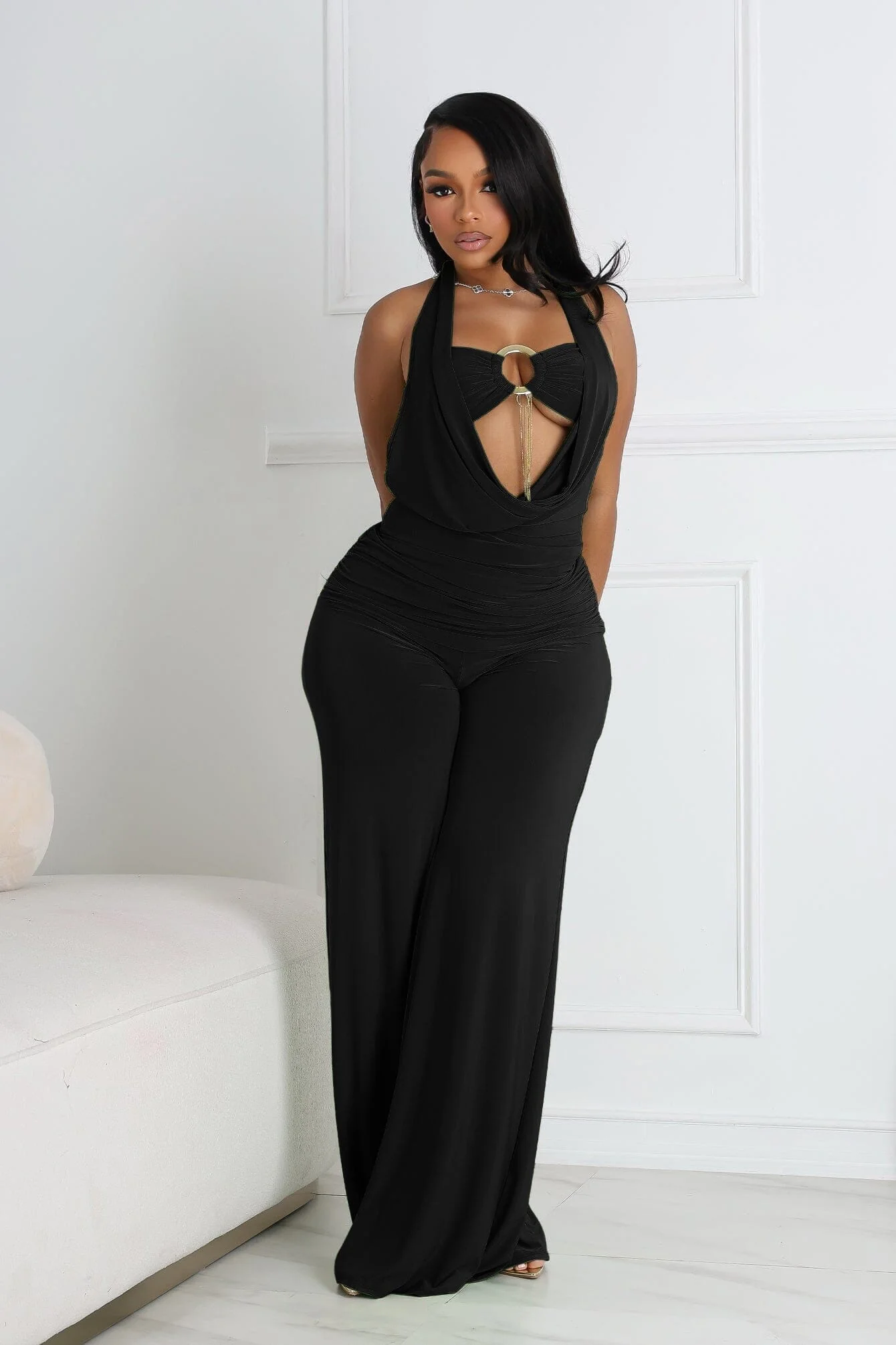 Plunge Cowl Neck Jumpsuit with Tube Top