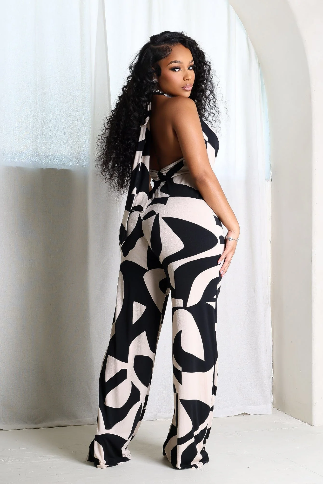 Chic Mesh Printed Cowl Neck Jumpsuit