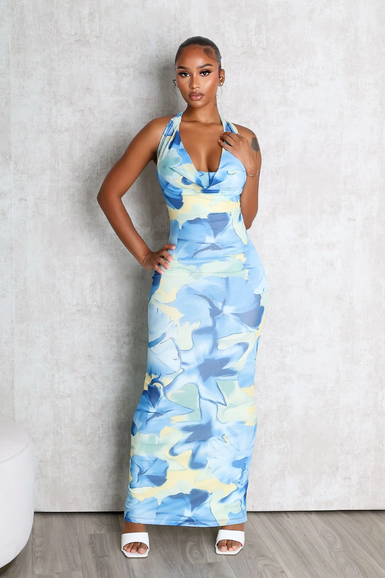 Sundaze Print Mesh Cowl Neck Maxi Dress