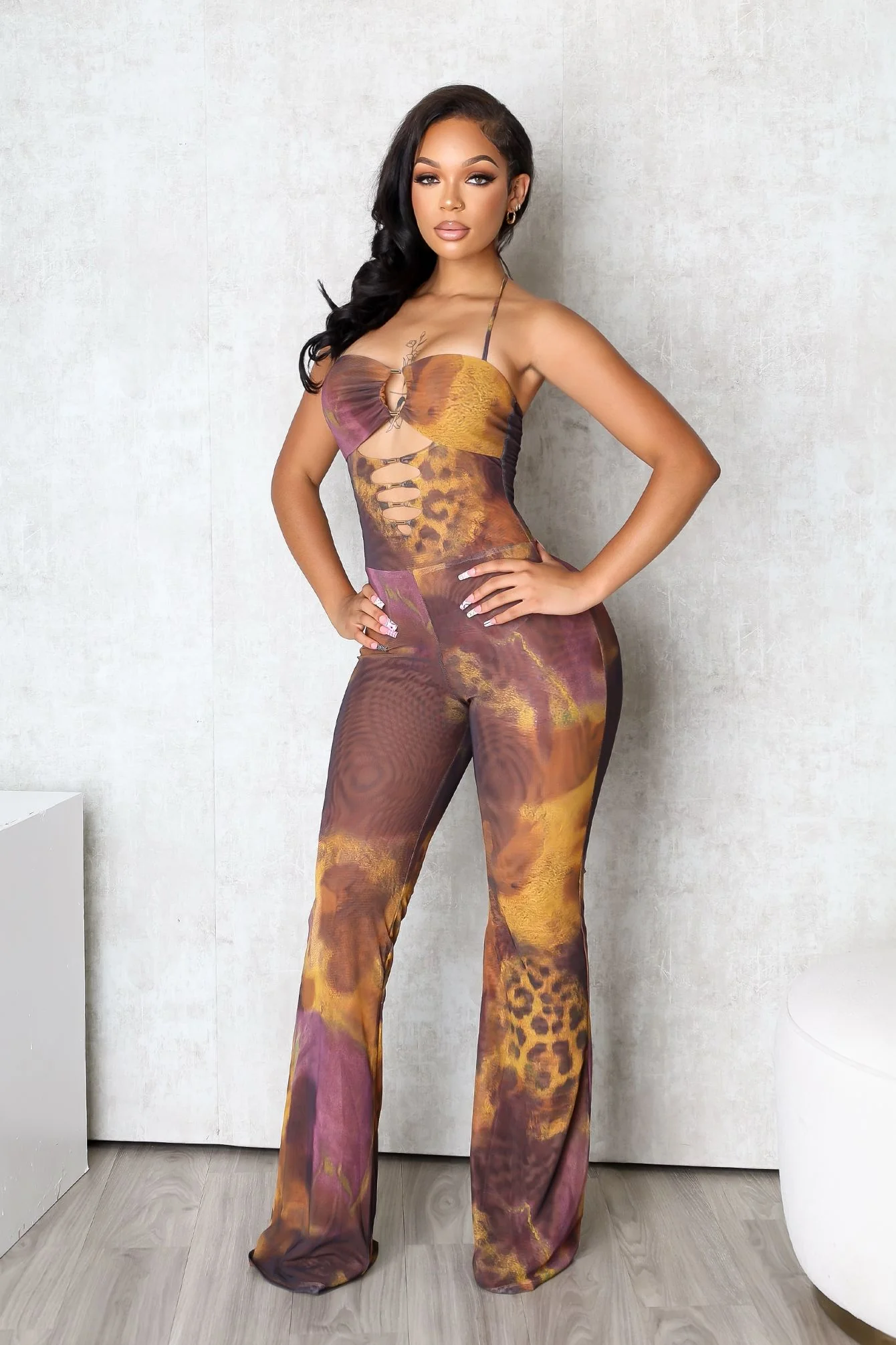 Volcanic Mesh Print Cut Out Jumpsuit