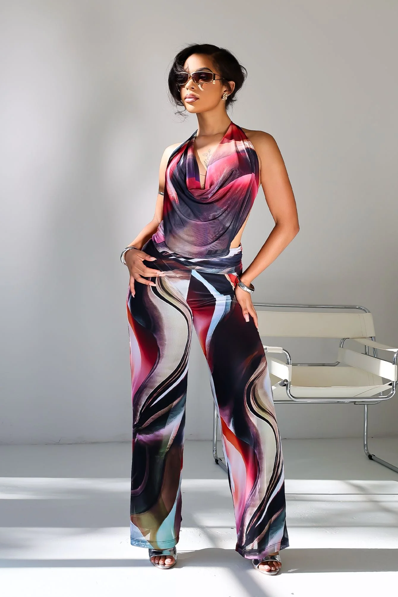 Mystique Flow Mesh Print Halter Jumpsuit