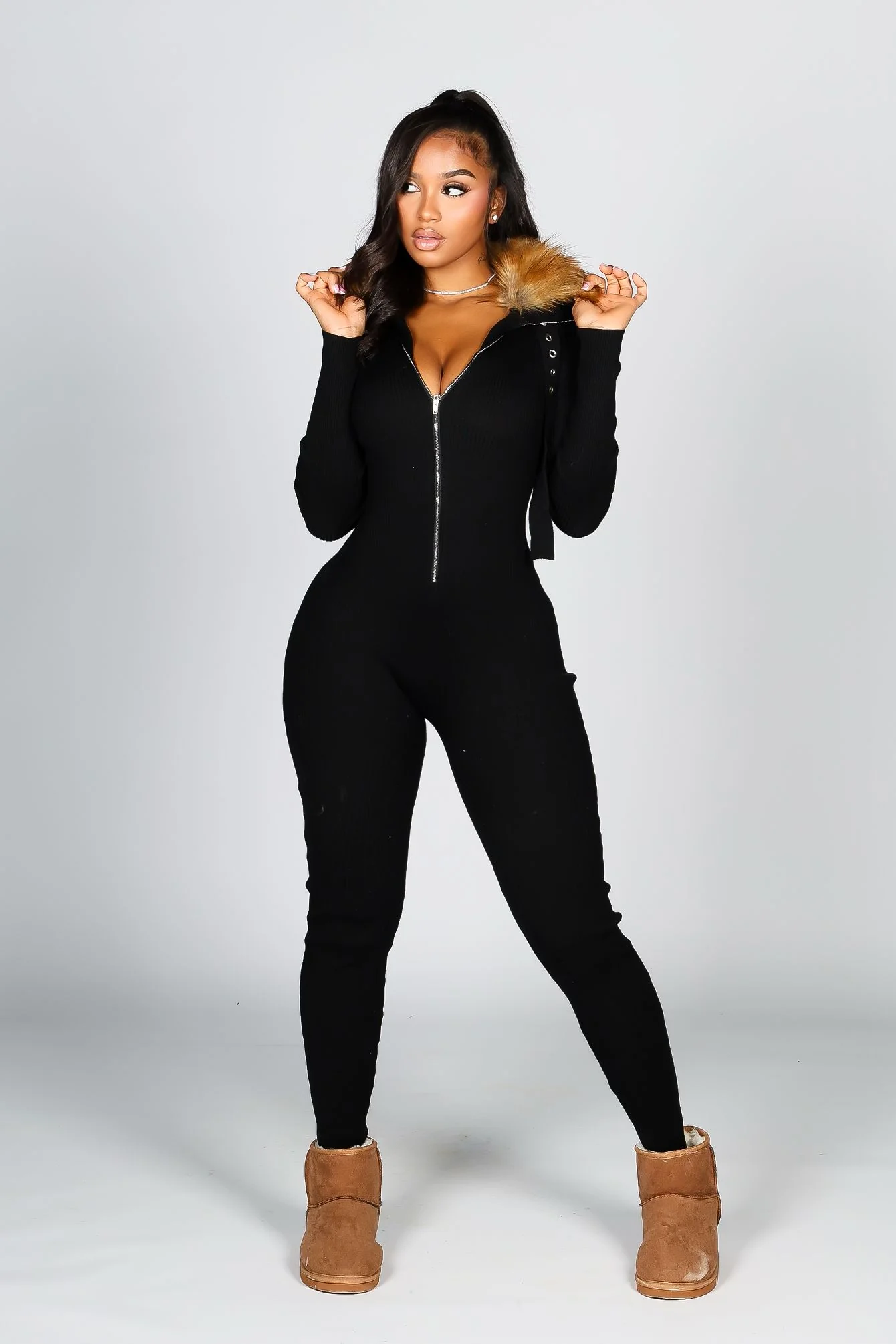 KS Power knit Jumpsuit With Fur Collar