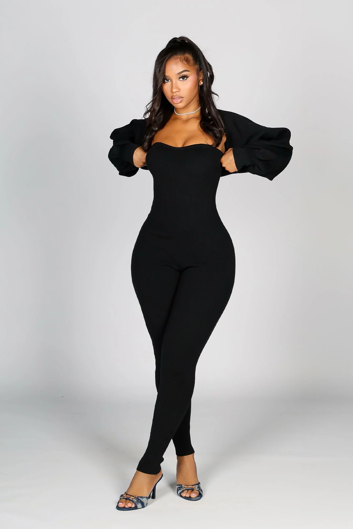 Clover Ribbed Knit Jumpsuit With Bolero SET