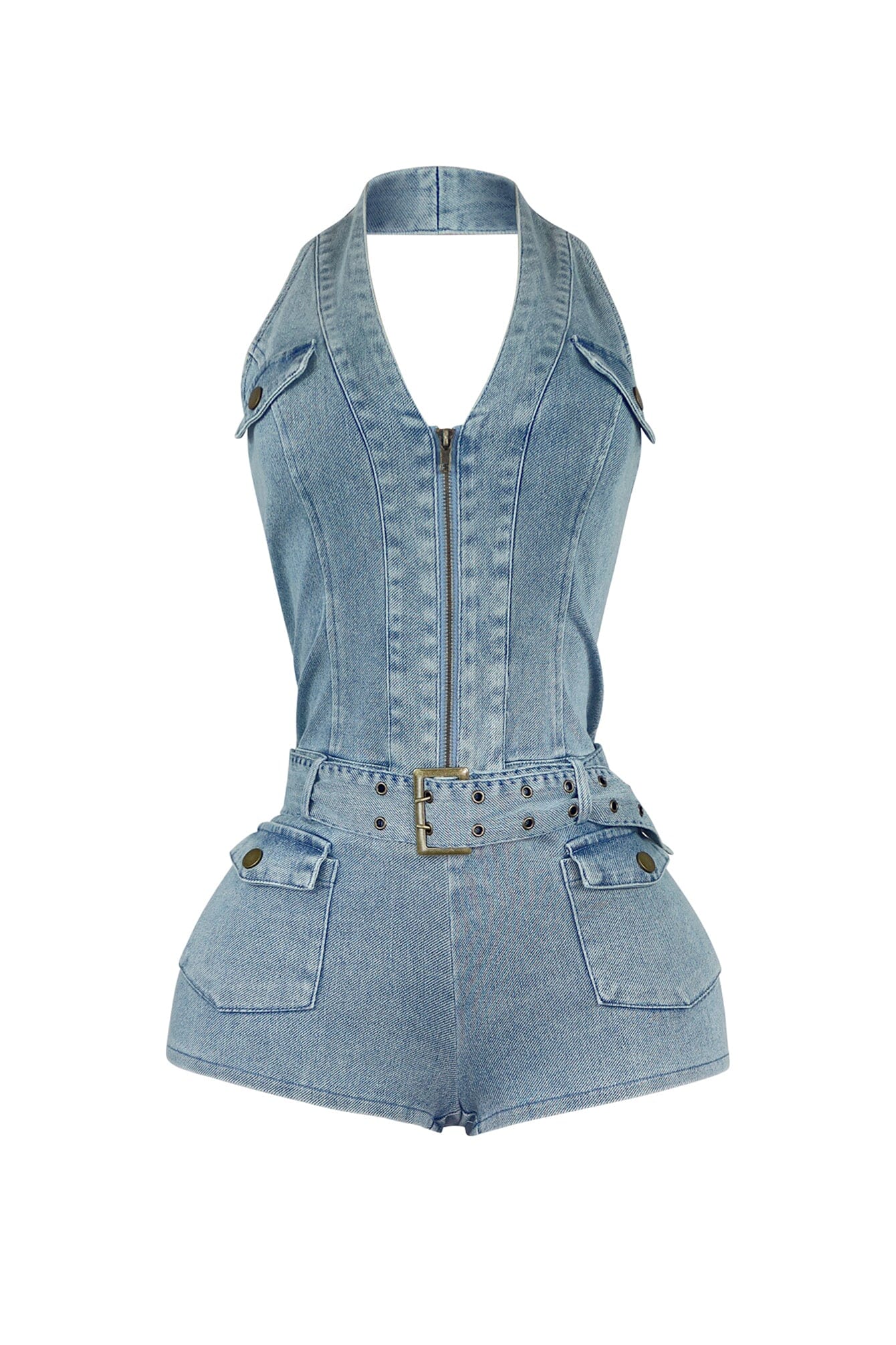 5625-Afina-Washed-Denim-Halter-Belted-Romper-4.jpg Afina Washed Denim Halter Belted Romper