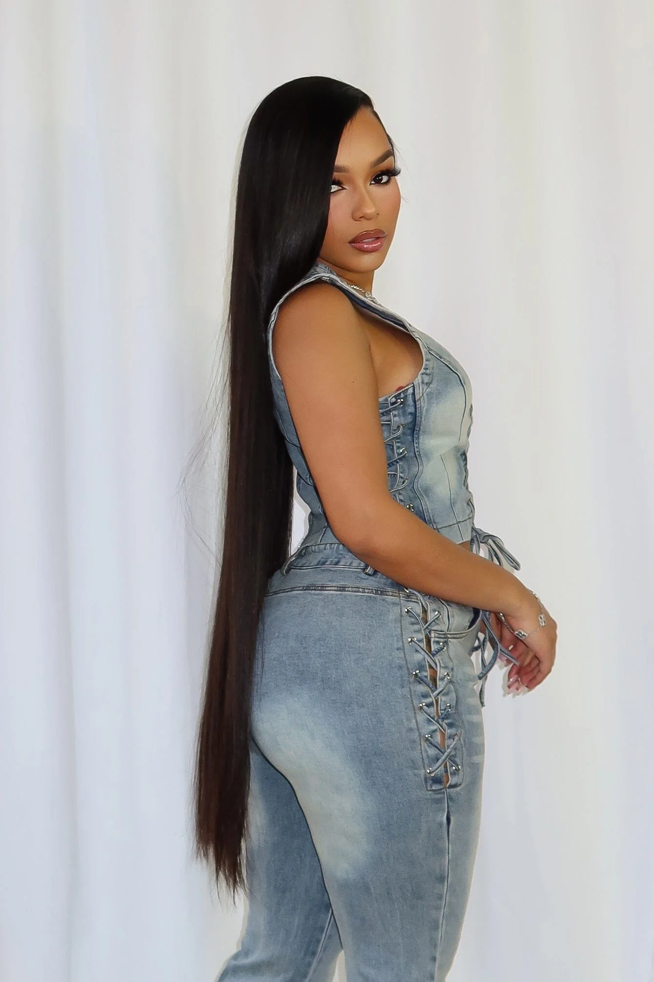 Stering Denim Sleeveless Lace Up Top