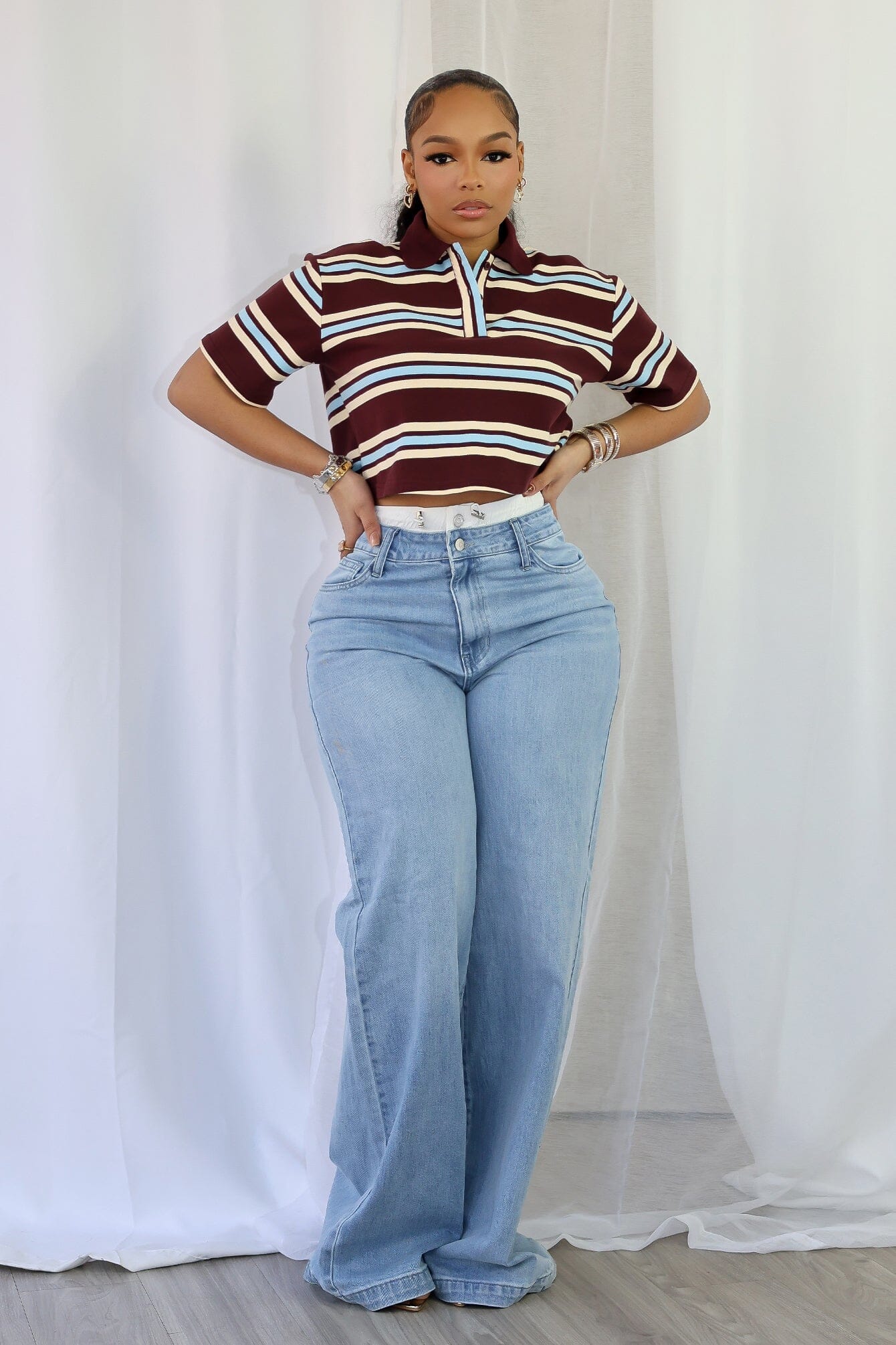 Sally Striped Collared Button Up Crop Top