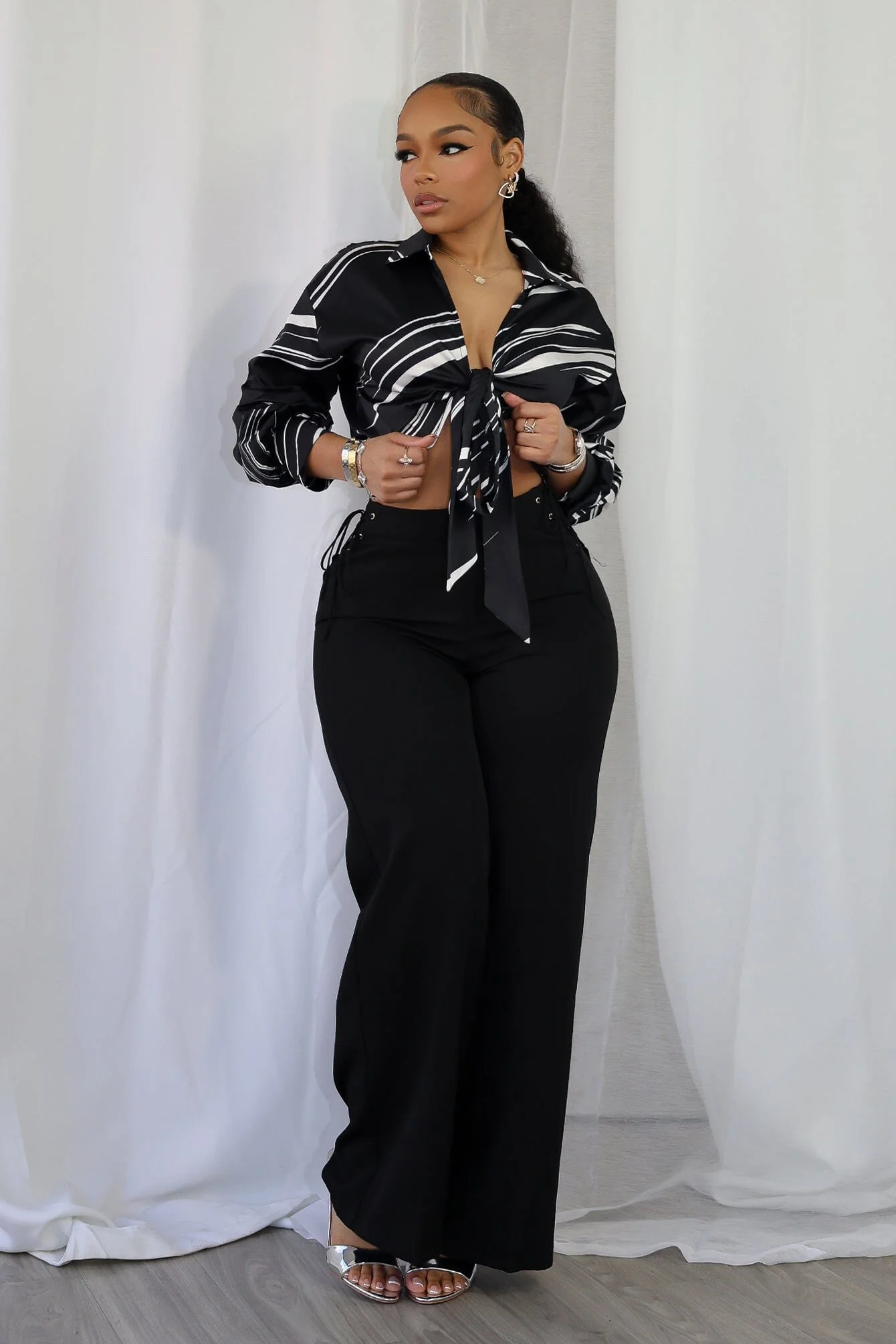 Tara Geo Printed Satin Tie Blouse