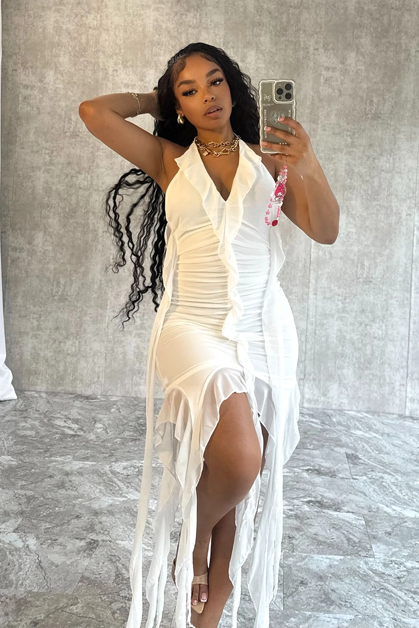 8113-Call-On-Me-Mesh-Halter-Tie-Ruffle-Dress-3.webp Call On Me Mesh Halter Tie Ruffle Dress