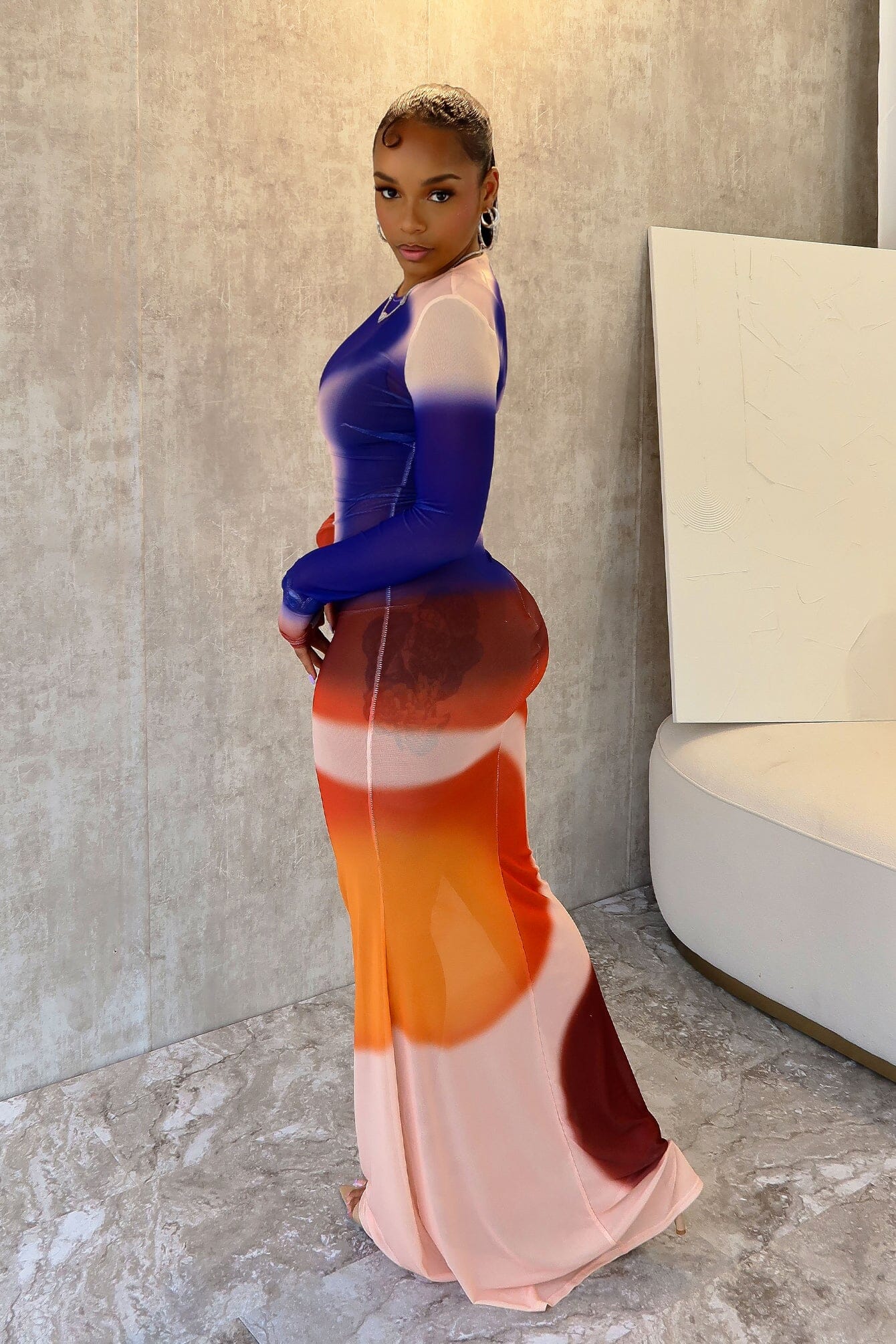 Zen Print Mesh Long Sleeve Maxi Dress