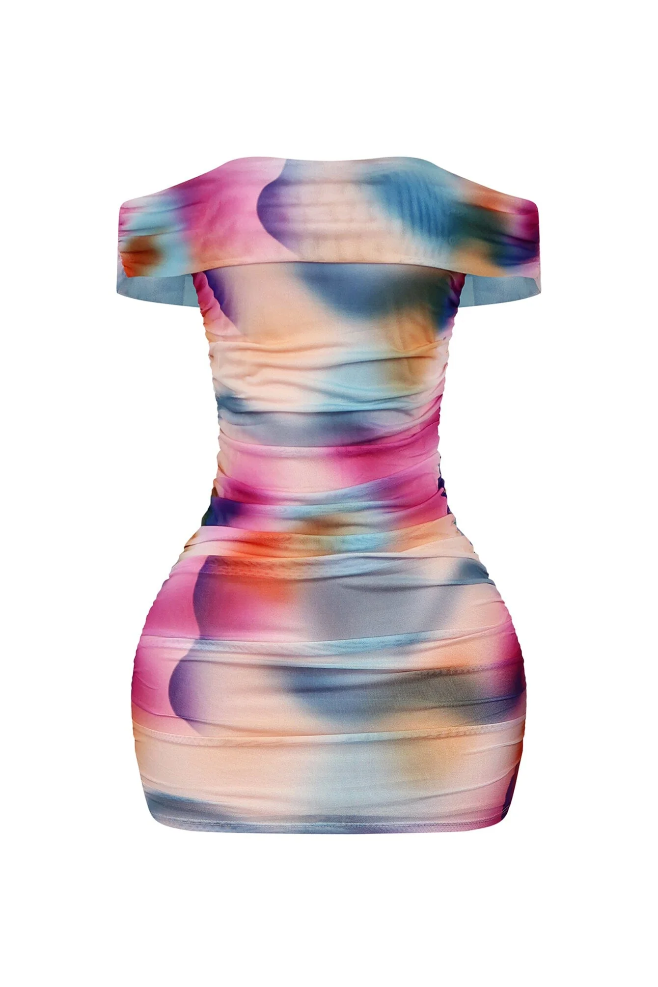 8404-Elsa-Print-Mesh-Ruched-Off-Shoulder-Mini-Dress-4.webp Elsa Print Mesh Ruched Off Shoulder Mini Dress