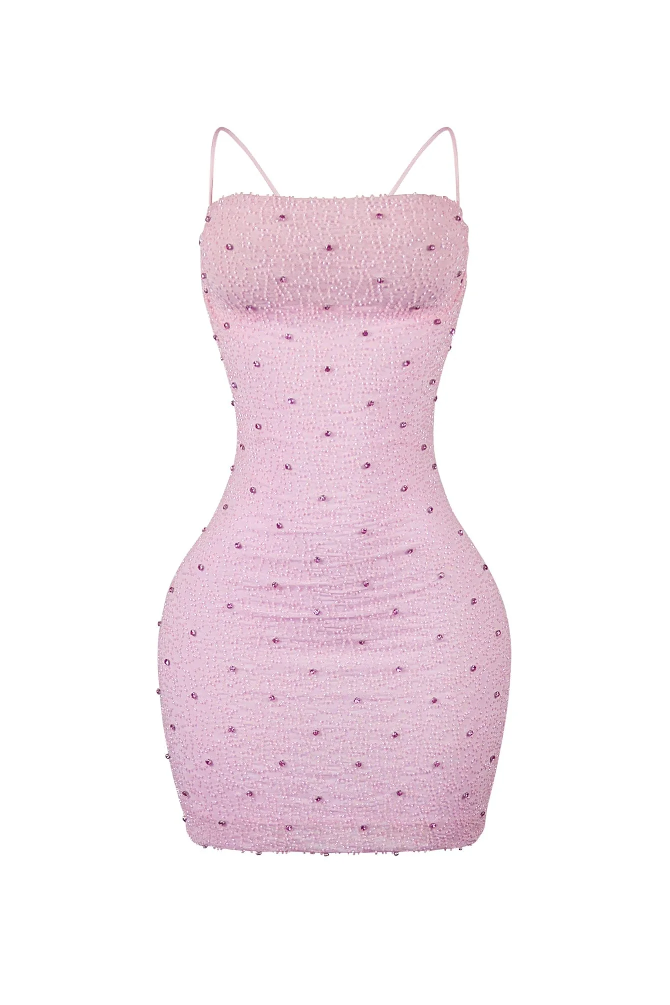 Delicate Blush Cowl Neck Rhinestone Mini Dress