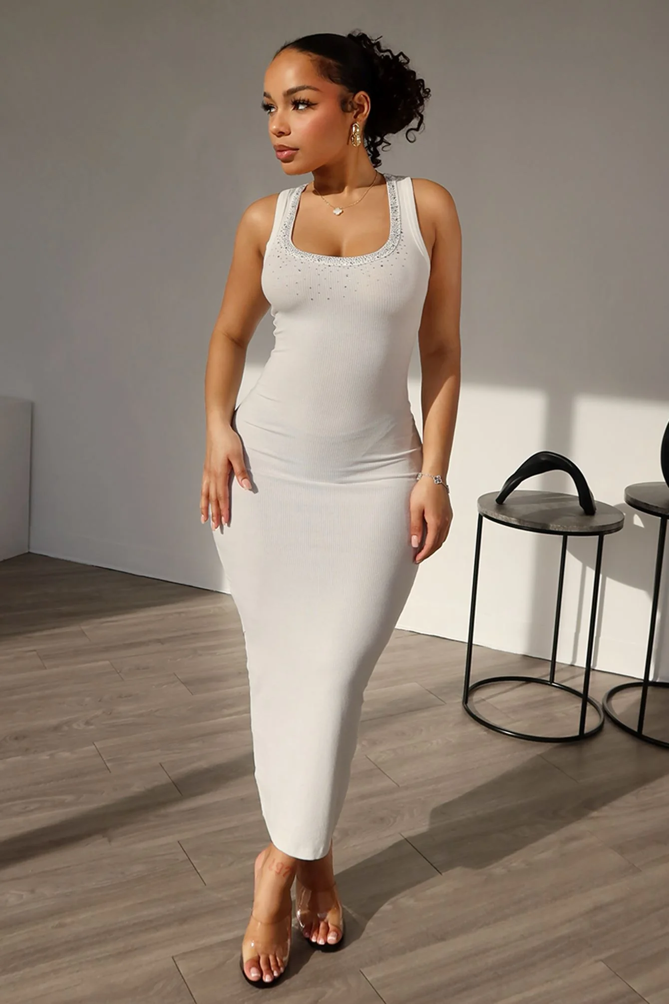 Love Birds Ribbed Rhinestone Basic Dress