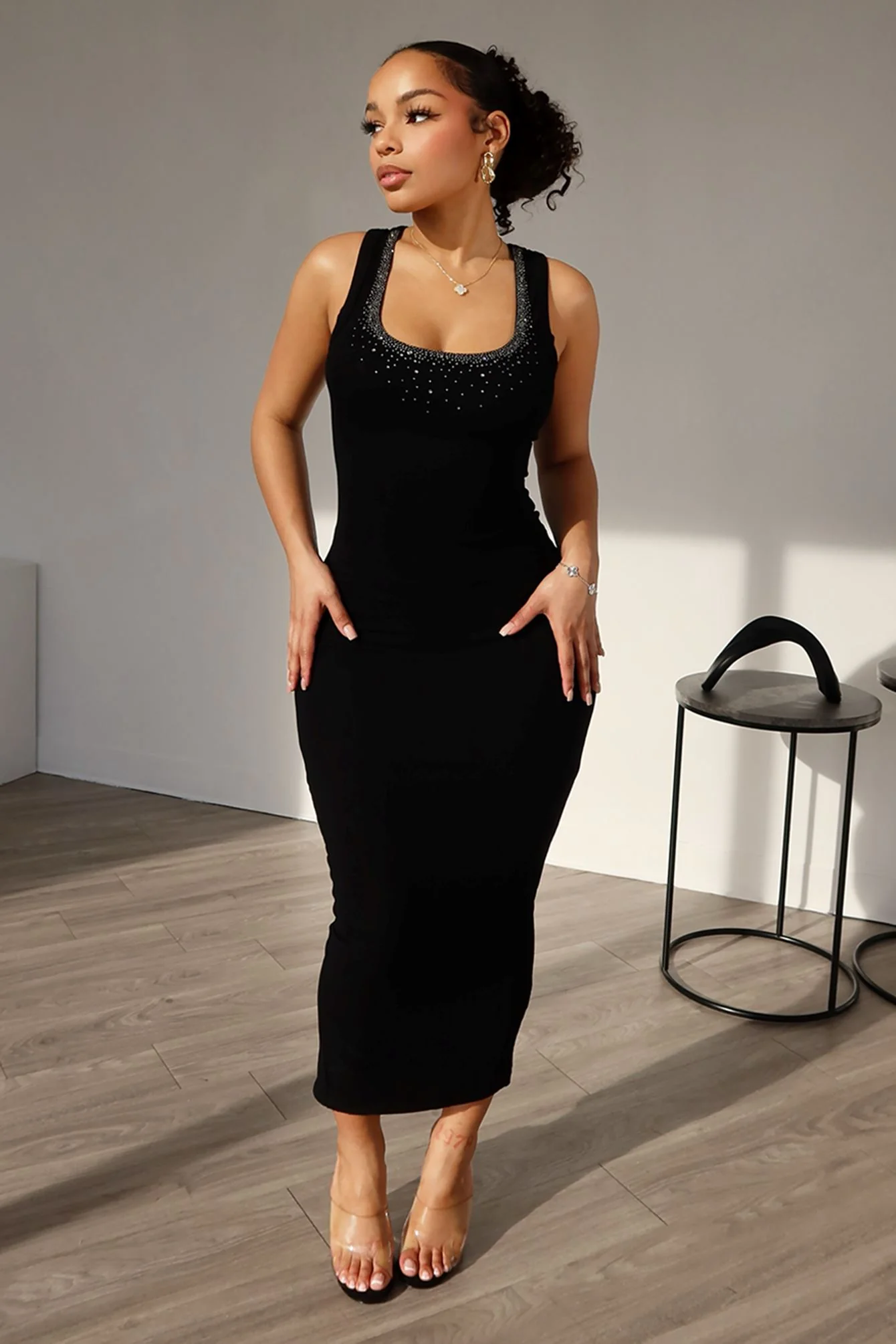 Love Birds Ribbed Rhinestone Basic Dress