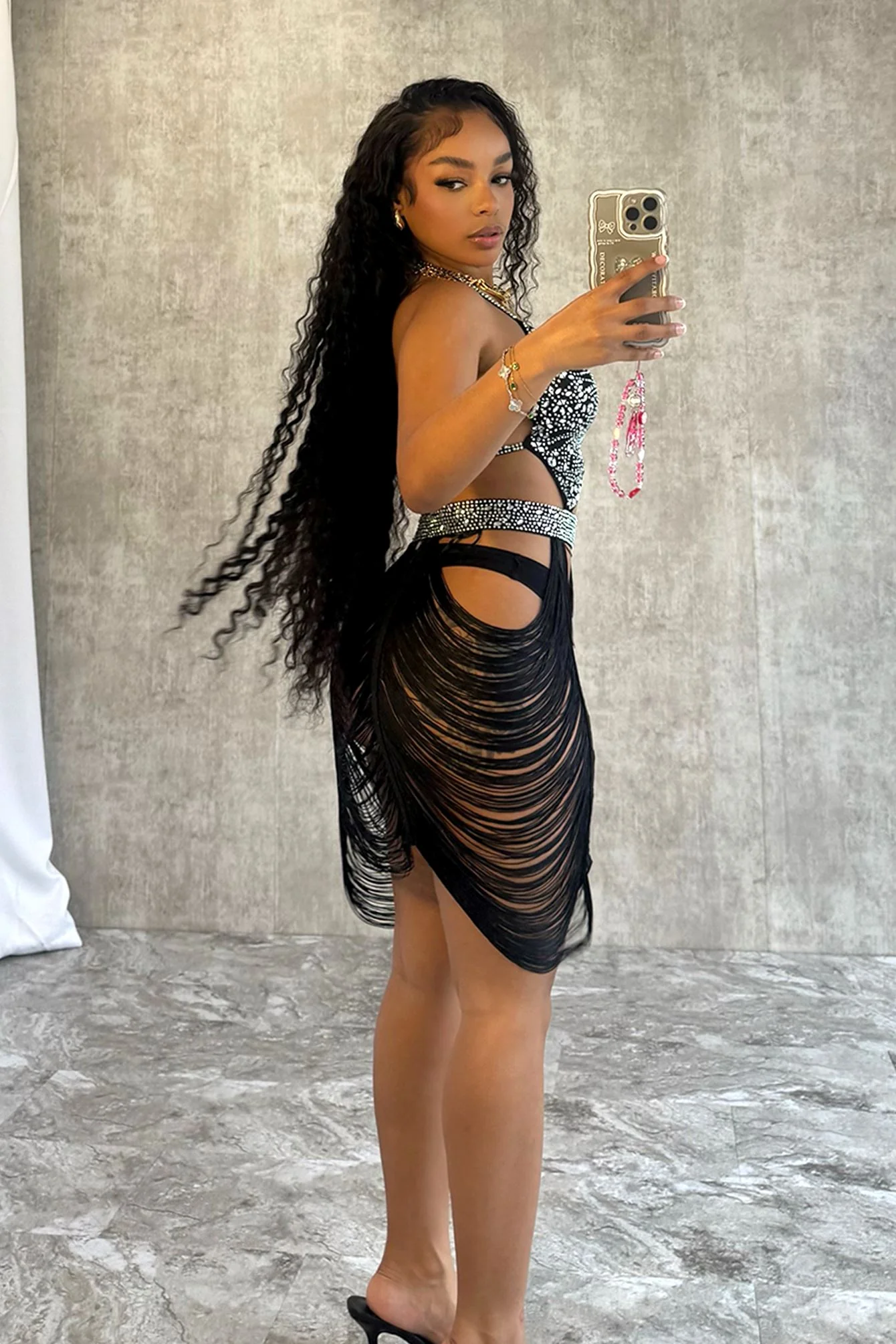 Shake It Draped Tassel Fringe Rhinestone Dress