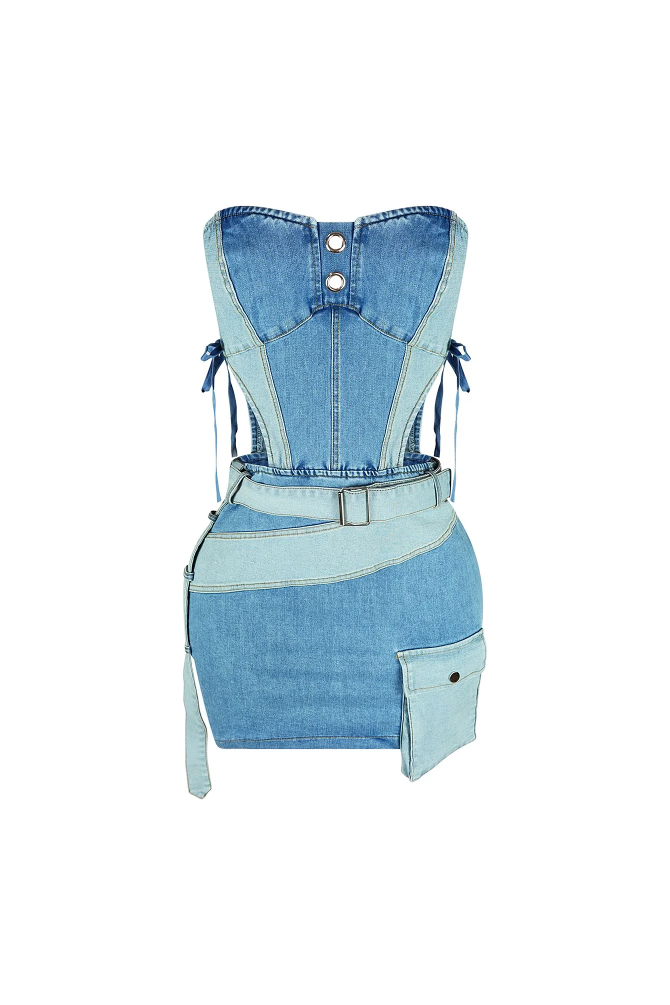 Tension Denim Color Block Strapless Dress