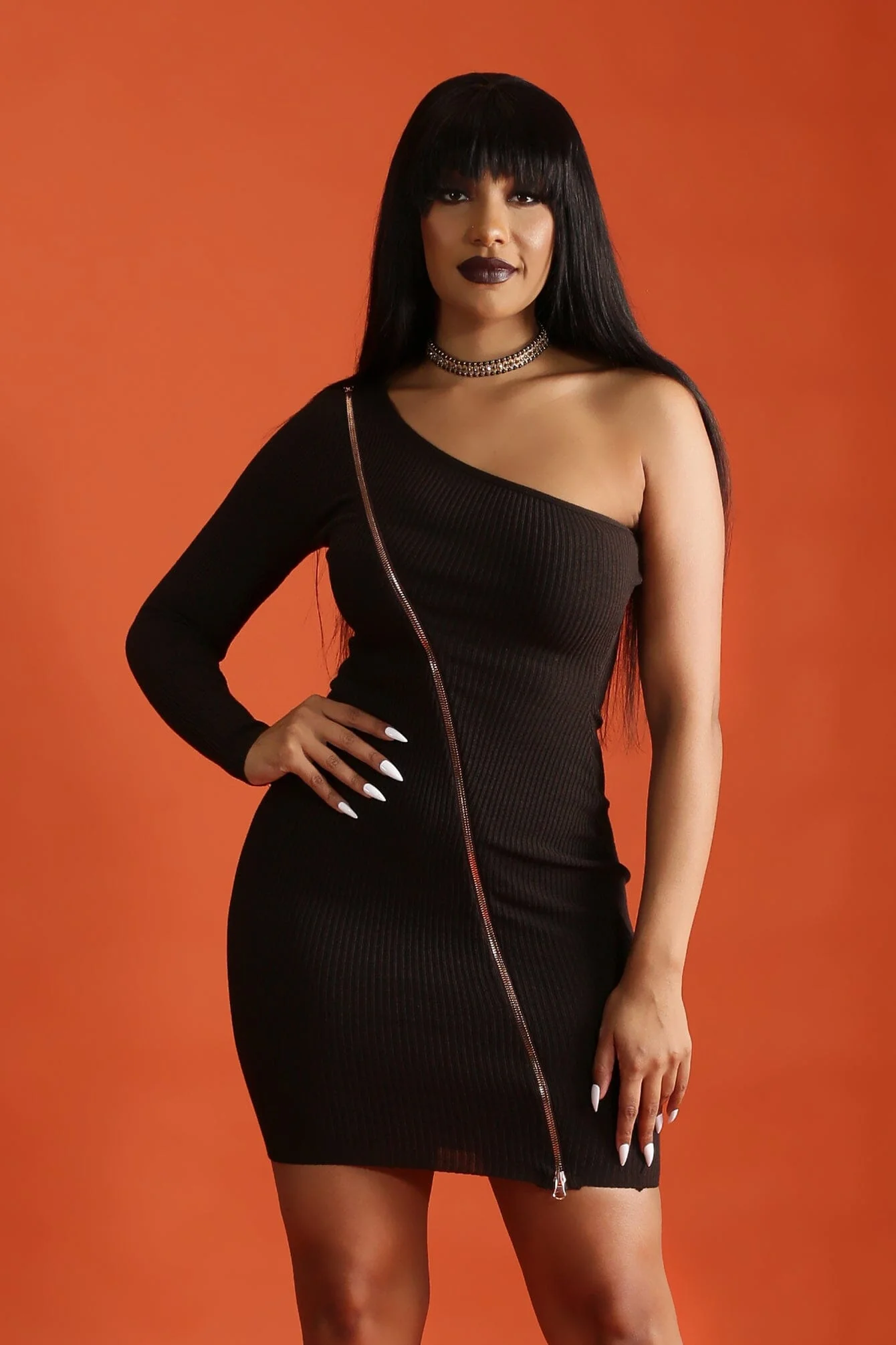 In Your Ocean One Off The Shoulder Zipper Bodycon Mini Dress