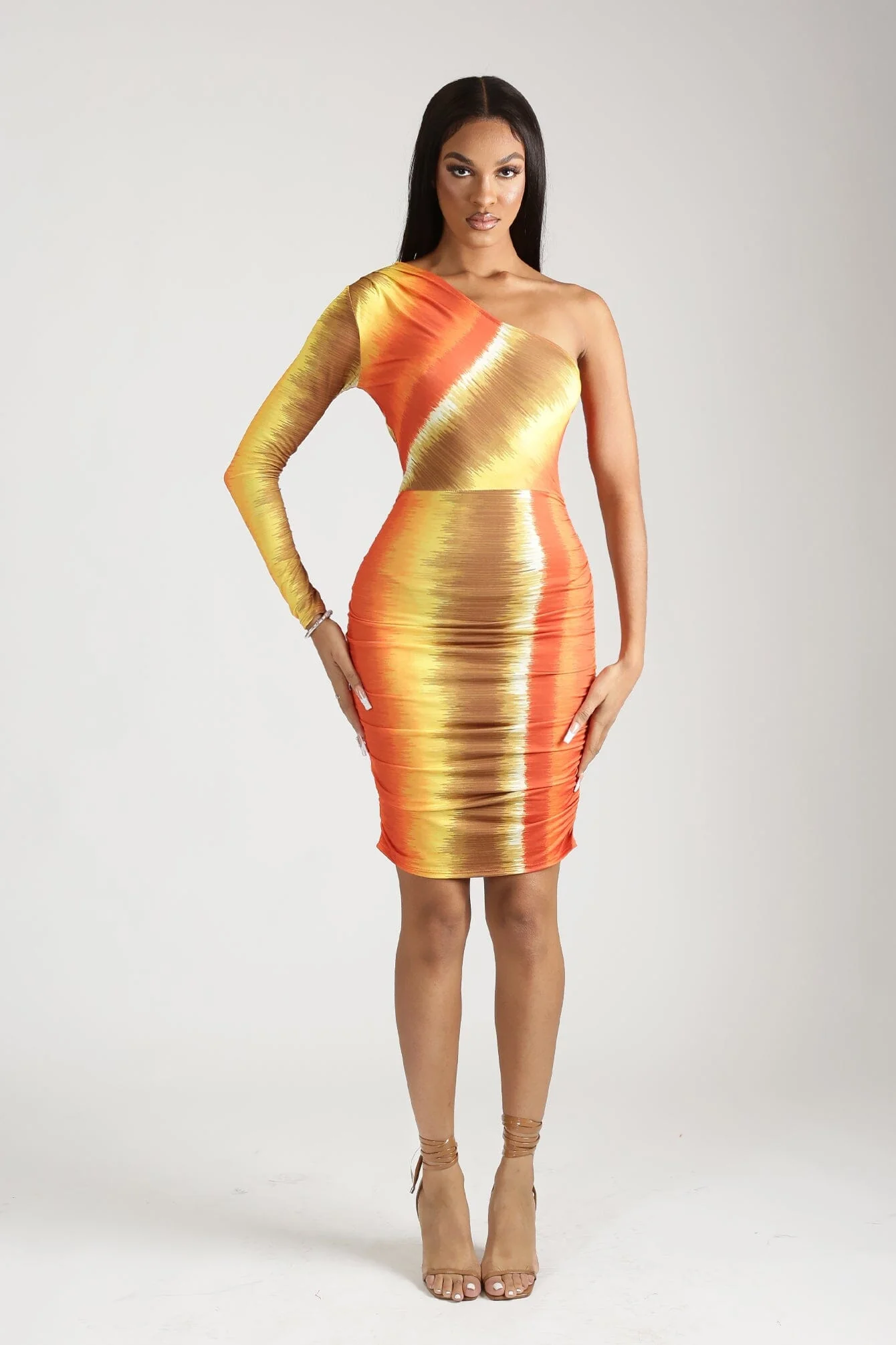 Ignition One-Off The Shoulder Ruched Midi Dress