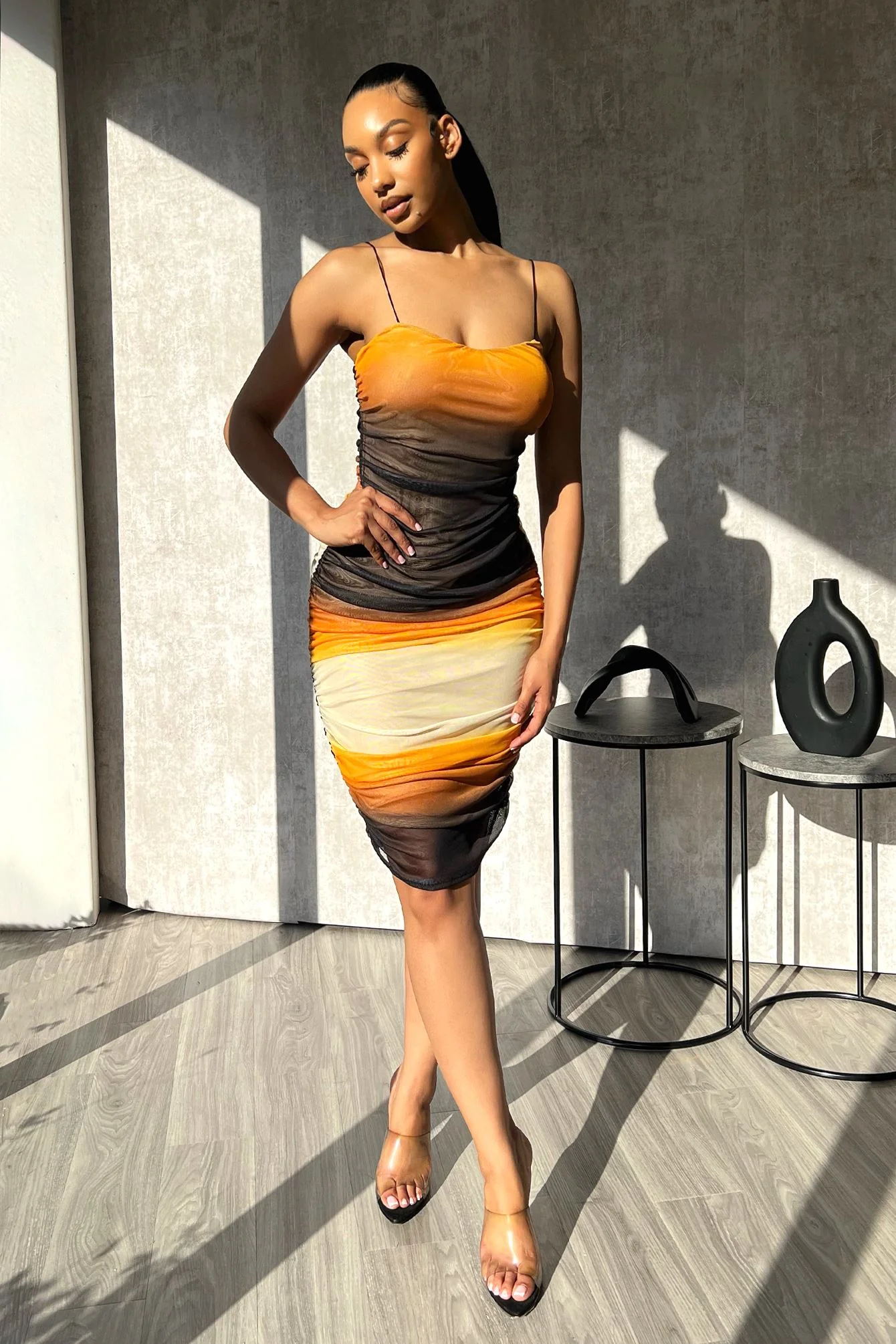 Marygold Gradation Print Mesh Ruched Midi Dress