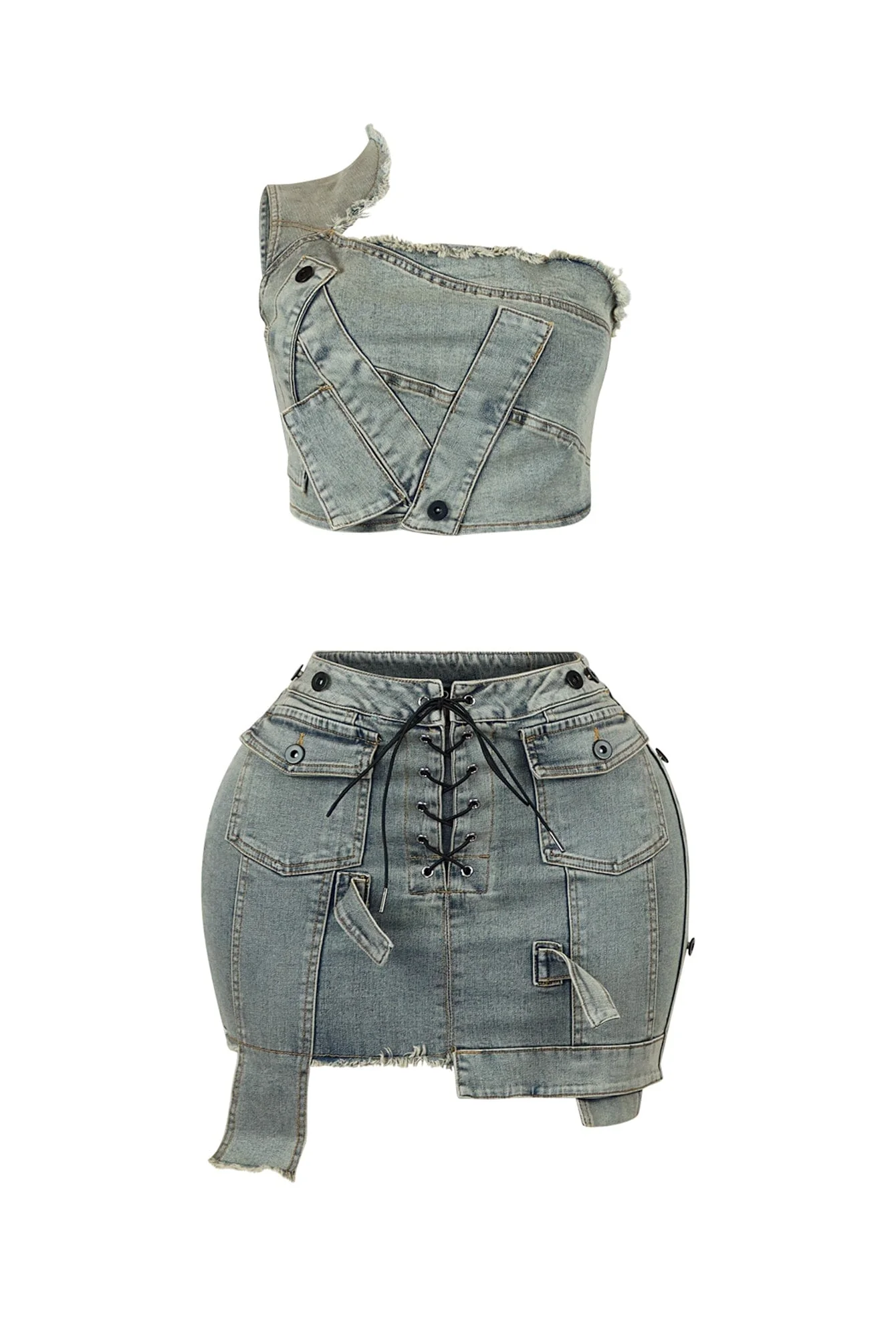 9255-Valerie-Vintage-Wash-One-Shoulder-Top-Skirt-SET-3.webp Valerie Vintage Wash One Shoulder Top & Skirt SET