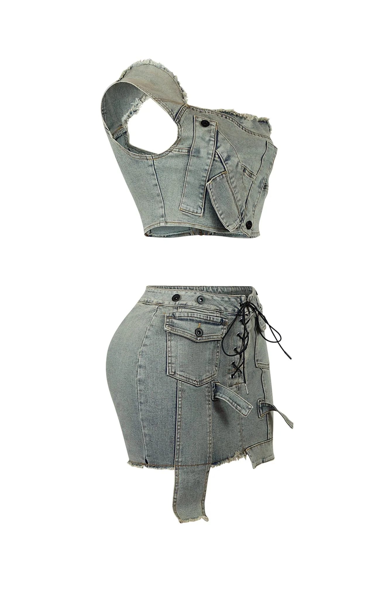 9255-Valerie-Vintage-Wash-One-Shoulder-Top-Skirt-SET-4.webp Valerie Vintage Wash One Shoulder Top & Skirt SET