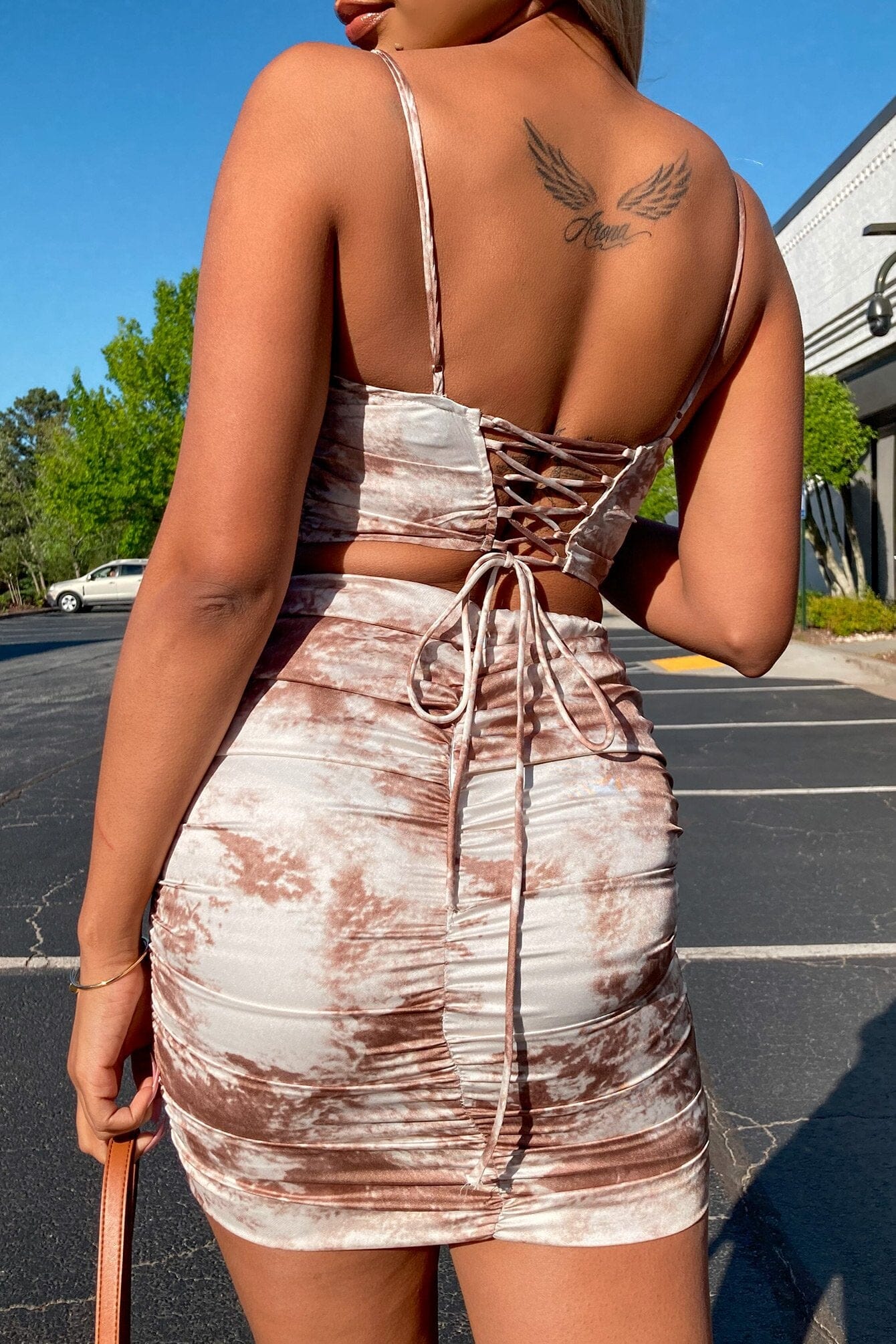 Hot Cocoa Satin Back Lace-Up Top & Mini Skirt SET